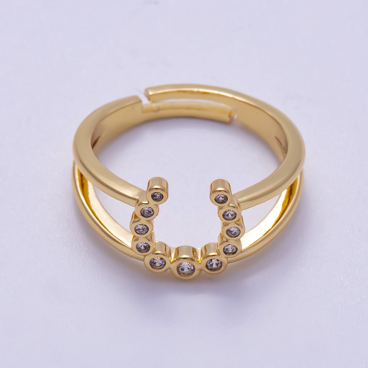 16K Gold Filled Clear CZ Dotted CZ Horse Shoe Double Band Ring | Rings-00074