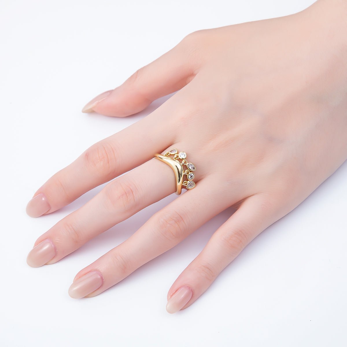 16K Gold Filled Clear CZ Drop Geometric Curved Ring | Rings-00075