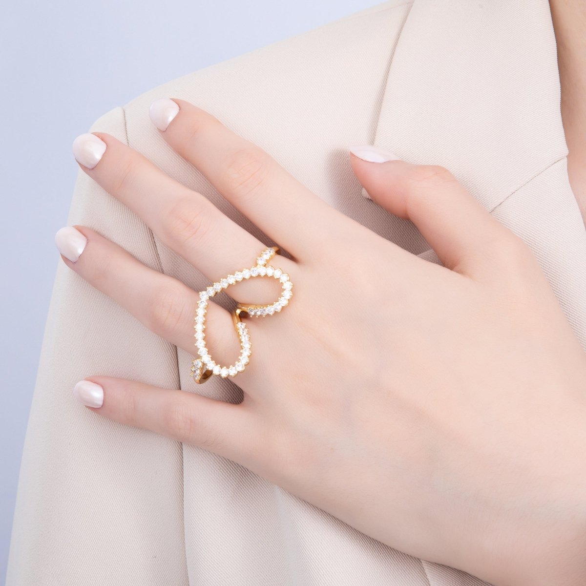 16K Gold Filled Clear CZ Heart Double Band Adjustable Ring | Rings-00058