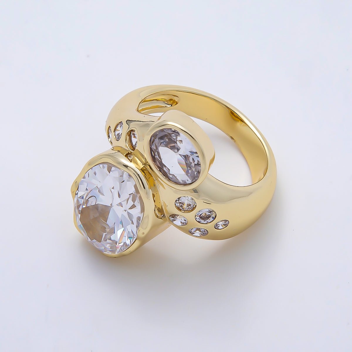 16K Gold Filled Clear CZ Round Dotted Solitaire Geometric Ring | Rings-00193