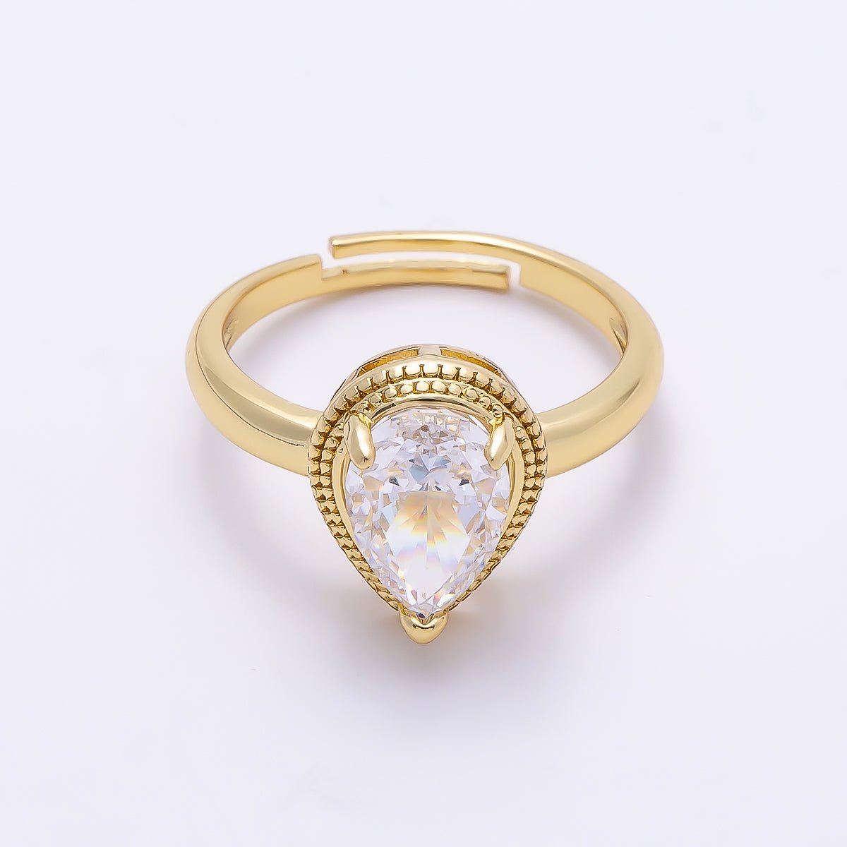 16K Gold Filled Clear CZ Teardrop Bezel Solitaire Ring | Rings-00283