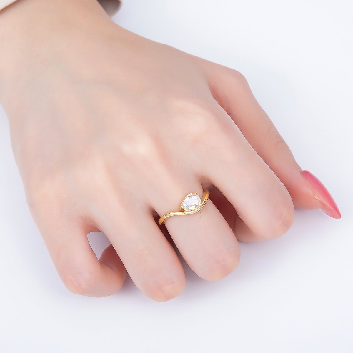 16K Gold Filled Clear CZ Teardrop Curved Solitaire Pinky Ring | Rings-00275