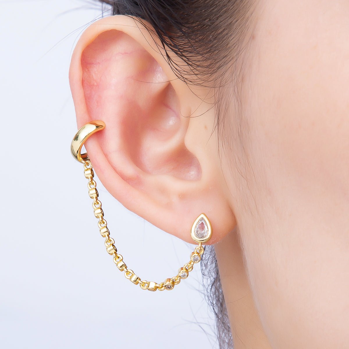 16K Gold Filled Clear CZ Teardrop Round Bezel Stud Chain Drop Ear Cuff | Earrings-00682