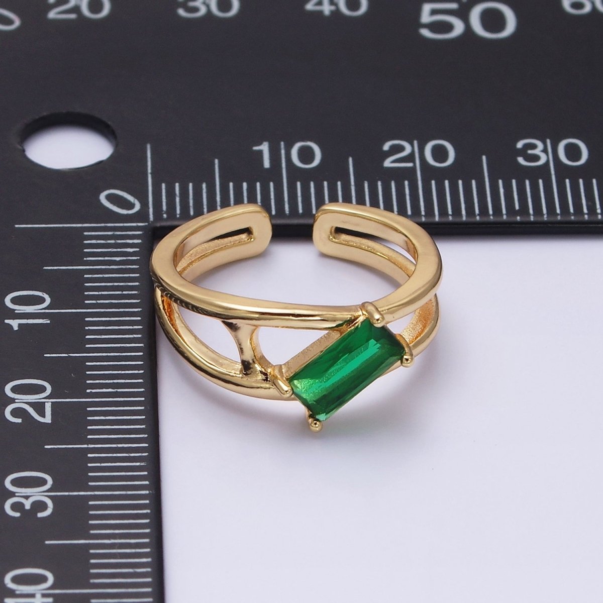 16K Gold Filled Clear, Green Baguette Molten Double Band Ring in Gold & Silver | O-1622 O-1623 O-1624