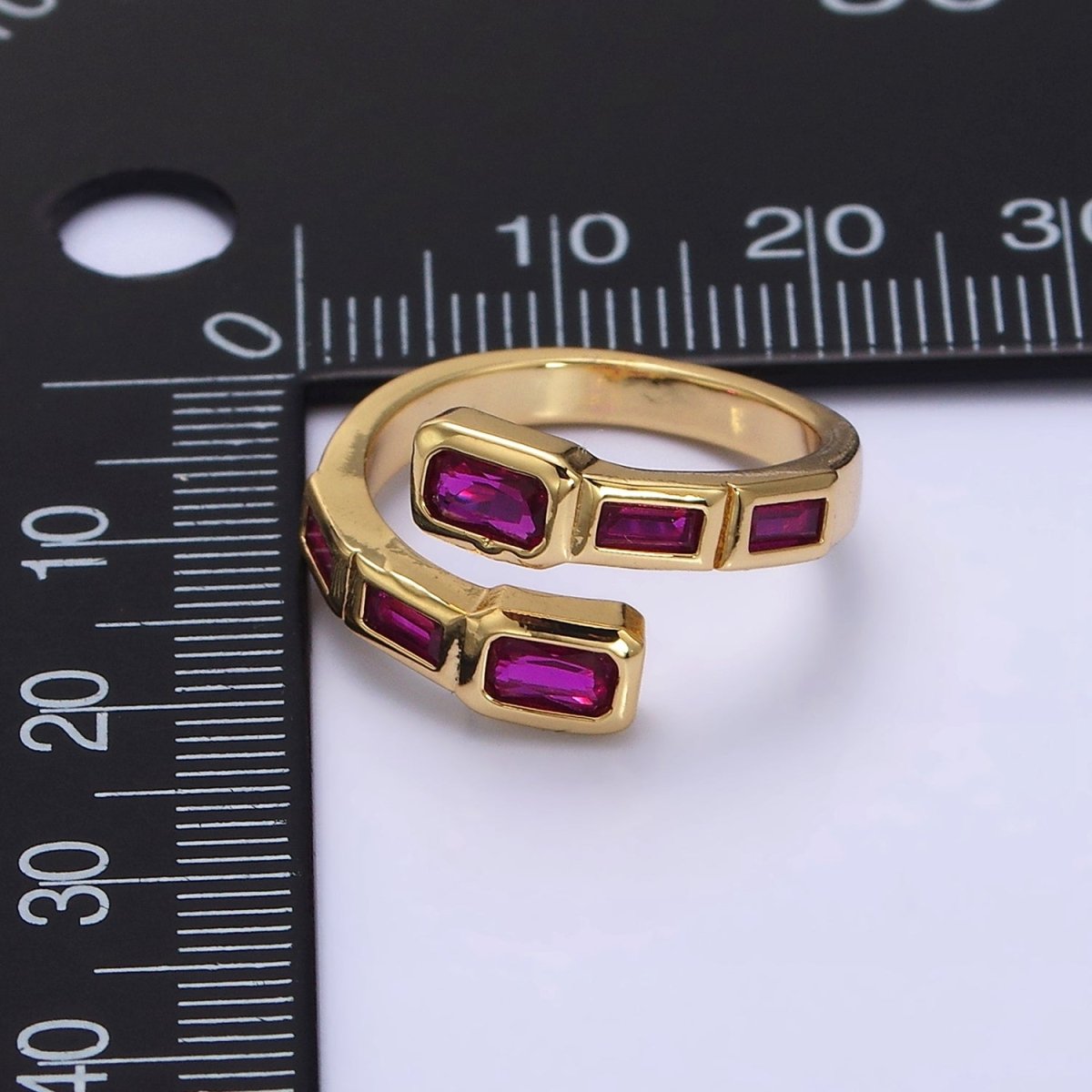16K Gold Filled Clear, Green, Blue, Fuchsia Baguette Lined Open Ring | O-549 ~ O-553