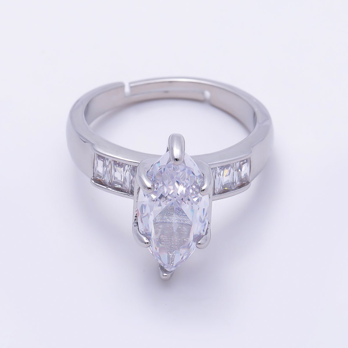 16K Gold Filled Clear Marquise Baguette CZ Adjustable Ring in Gold & Silver | Rings-00291 Rings-00292