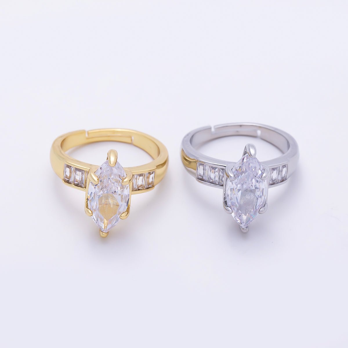 16K Gold Filled Clear Marquise Baguette CZ Adjustable Ring in Gold & Silver | Rings-00291 Rings-00292