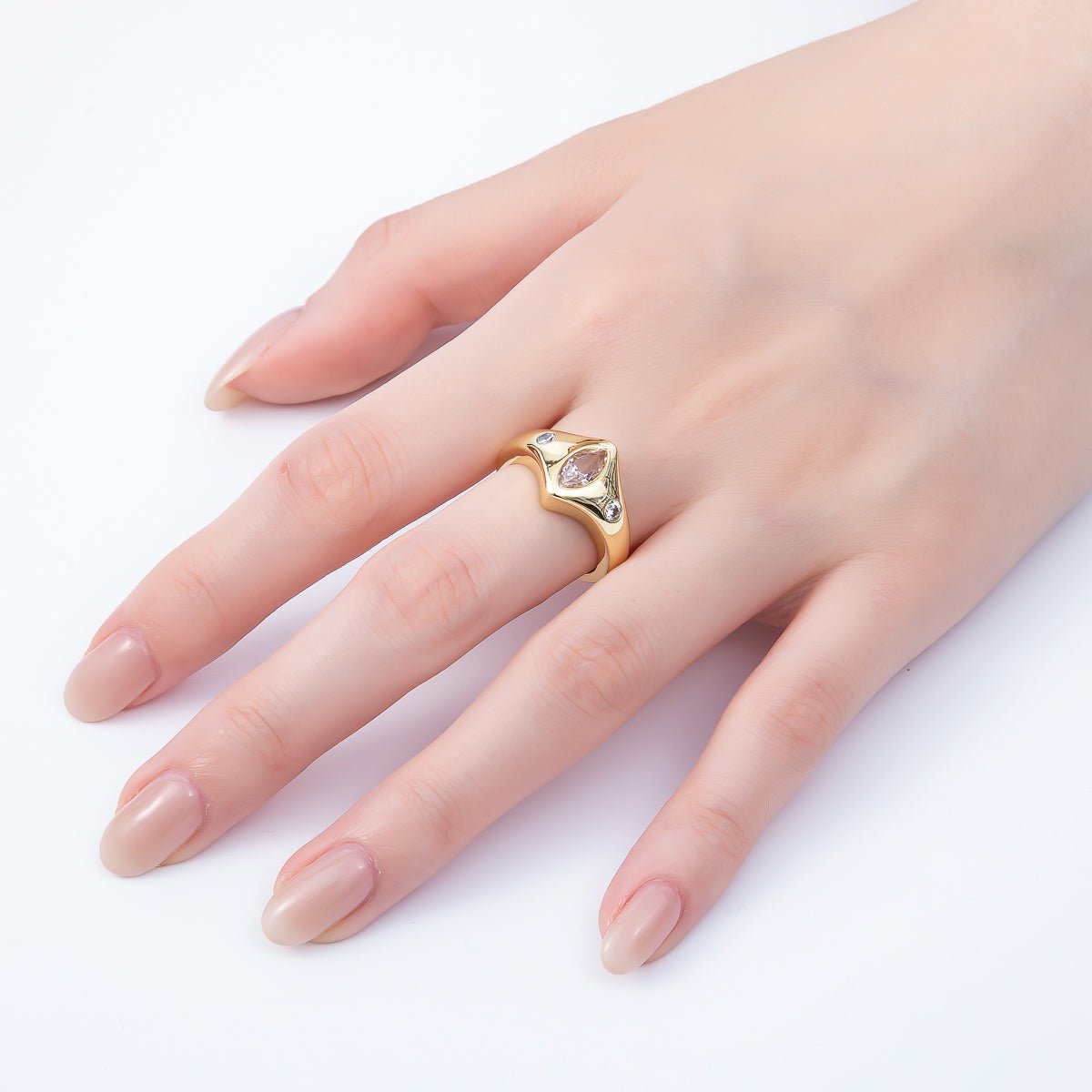 16K Gold Filled Clear Marquise CZ Dotted Chevron Signet Adjustable Ring | Rings-00122
