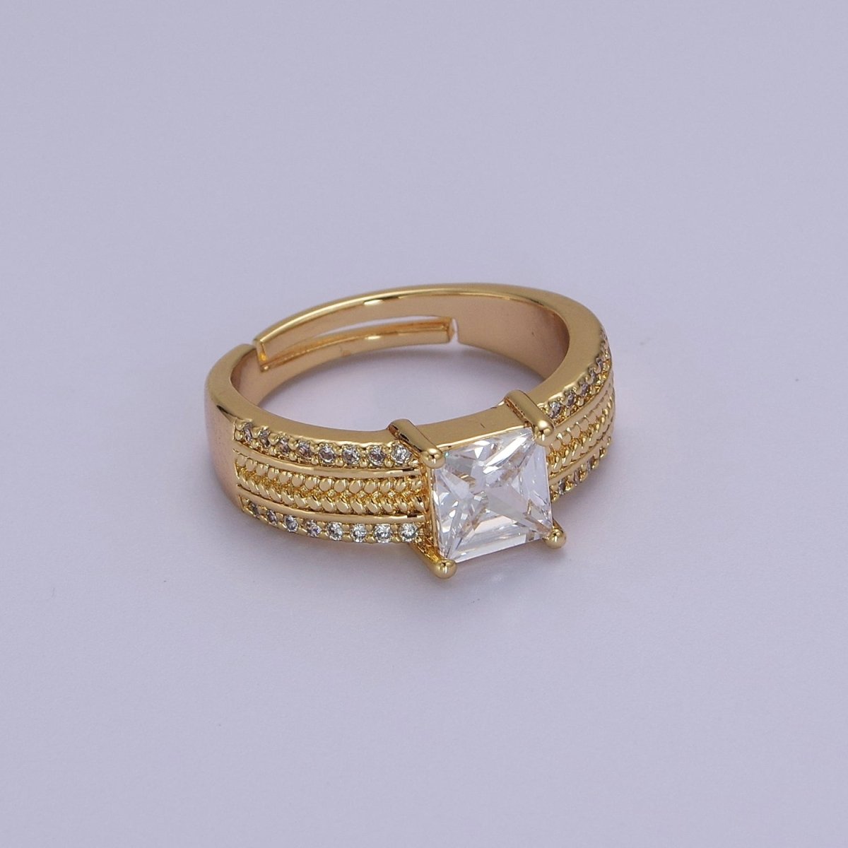 16K Gold Filled Clear Square CZ Curb Textured Band Ring in Gold & Silver O-1918 O-1919