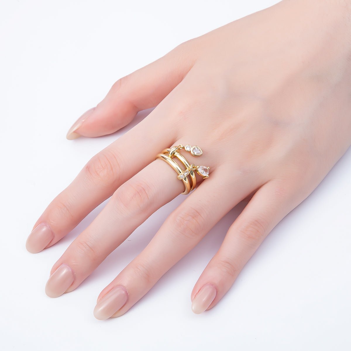 16K Gold Filled Clear Teardrop CZ Drop Double Band Ring | Rings-00115