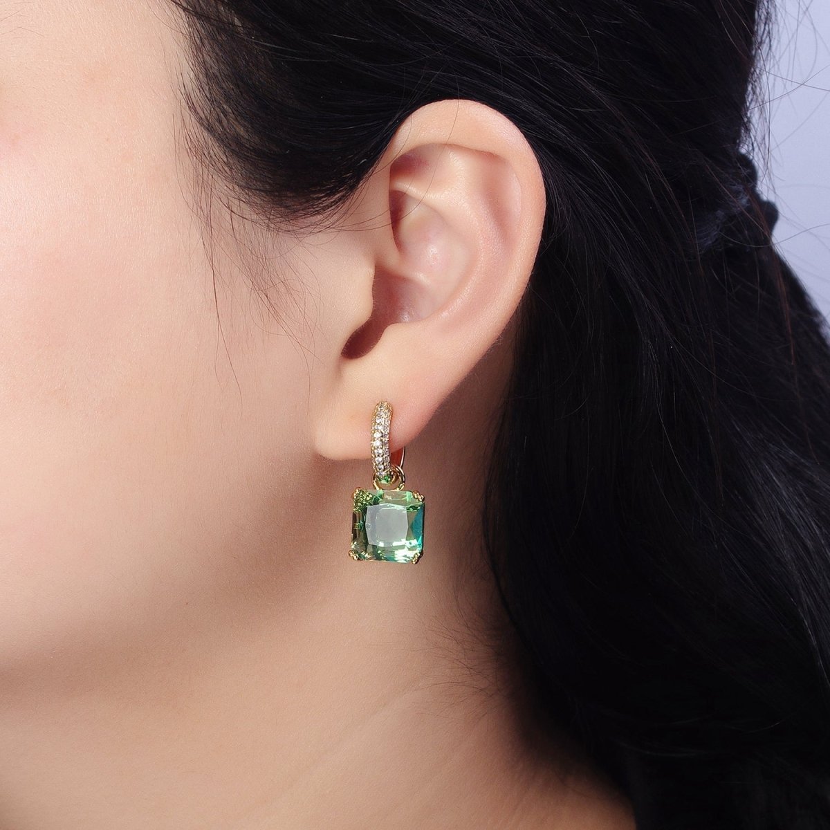 16K Gold Filled Green Aqua Square CZ Drop Micro Paved Huggie Earrings | AD1357 AD1358