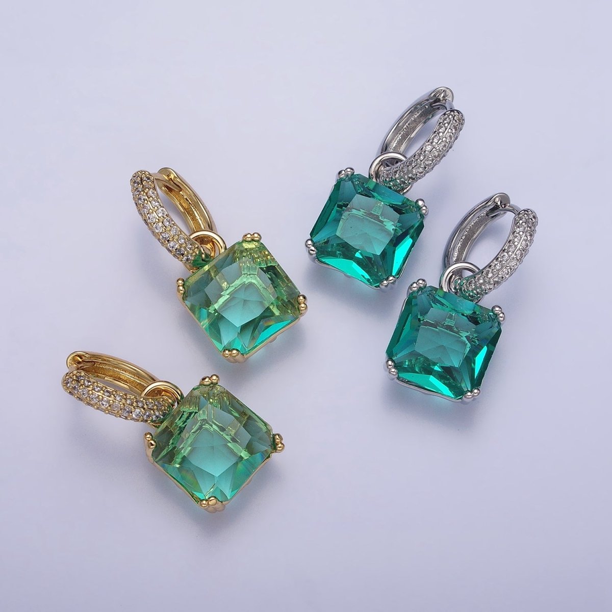 16K Gold Filled Green Aqua Square CZ Drop Micro Paved Huggie Earrings | AD1357 AD1358