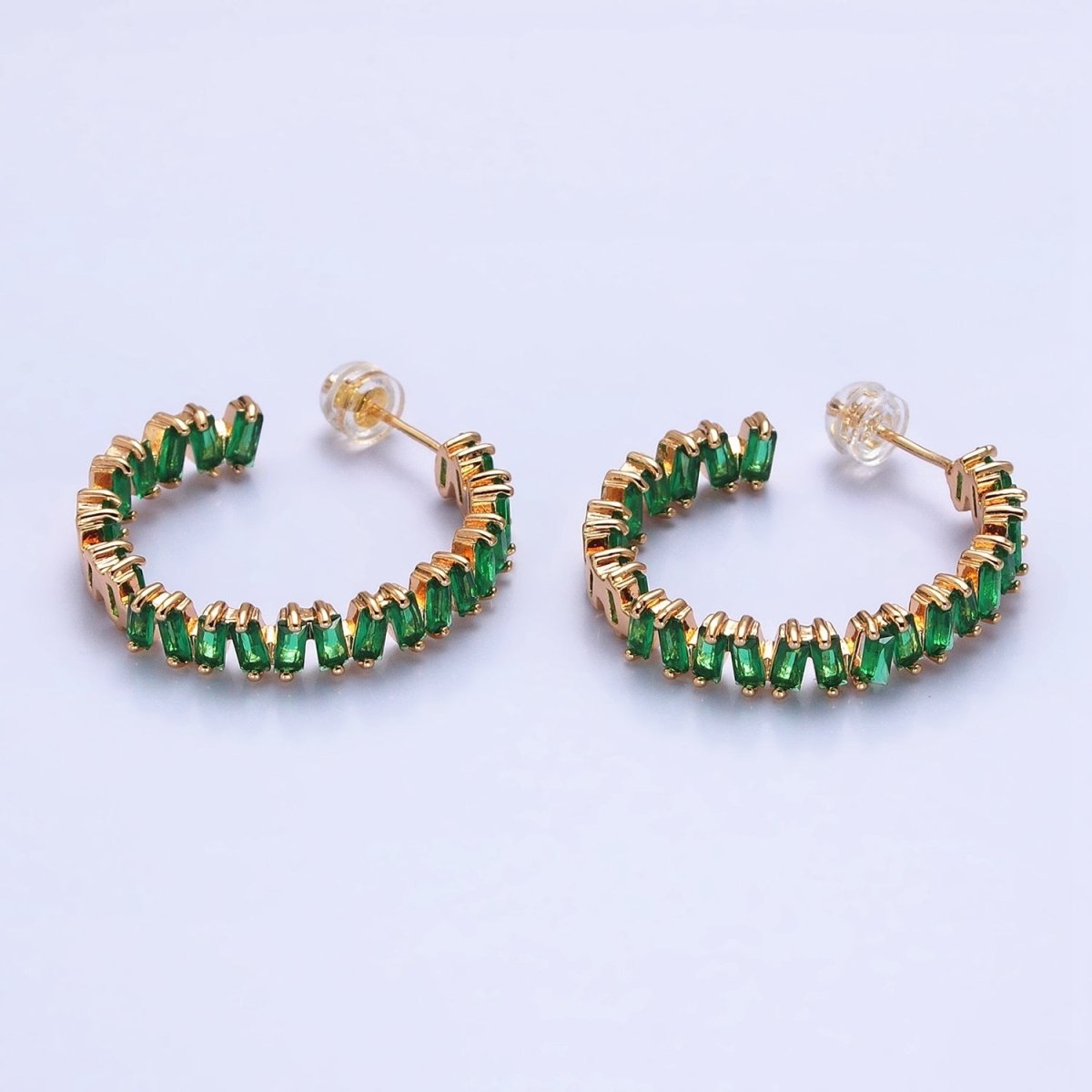 16K Gold Filled Green, Clear, Pink Baguette Zig-Zag Front Sided 30mm Circular Hoop Earrings in Silver & Gold | AB855 - AB859