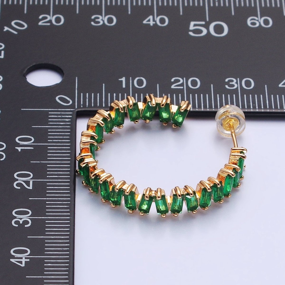 16K Gold Filled Green, Clear, Pink Baguette Zig-Zag Front Sided 30mm Circular Hoop Earrings in Silver & Gold | AB855 - AB859