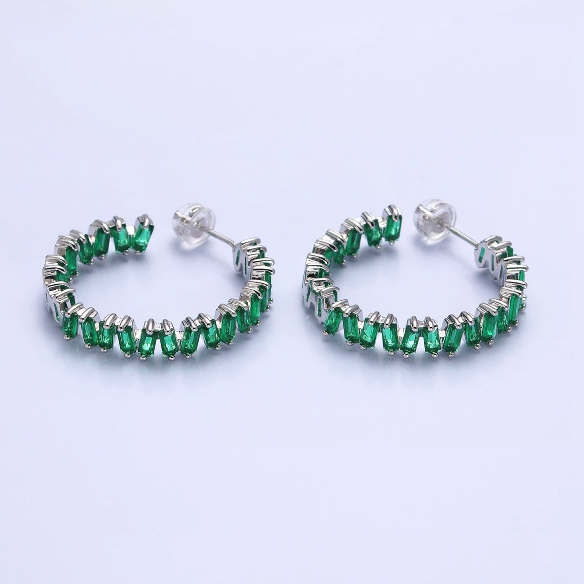 16K Gold Filled Green, Clear, Pink Baguette Zig-Zag Front Sided 30mm Circular Hoop Earrings in Silver & Gold | AB855 - AB859