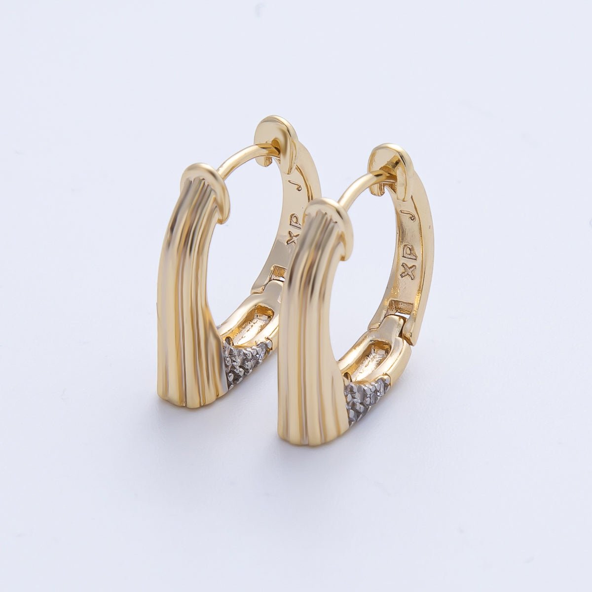 16K Gold Filled Lined Textured Micro Pave CZ Huggie Earrings | Earrings-98