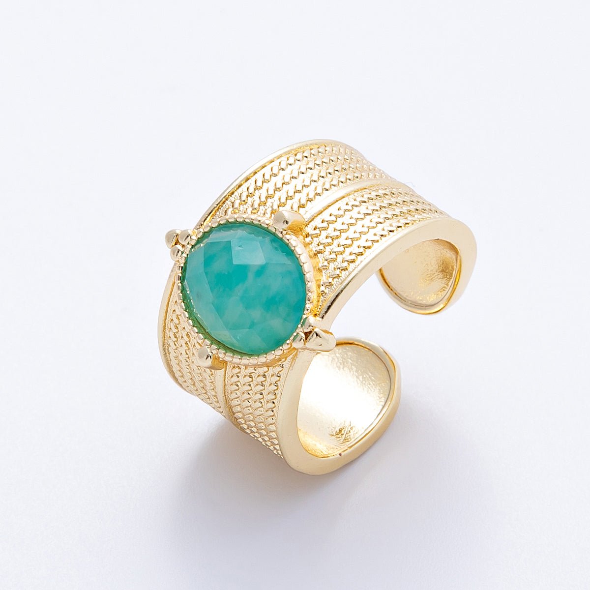 16K Gold Filled Malachite, Amazonite Cabochon Multifaceted Gemstone Textured Wide Ring | Rings-00048 Rings-00049