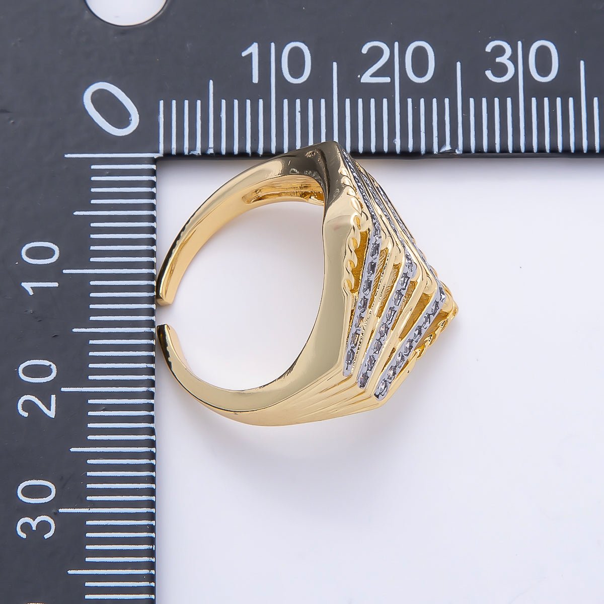 16K Gold Filled Micro Paved CZ Geometric Chevron Mixed Metal Ring | Rings-00195
