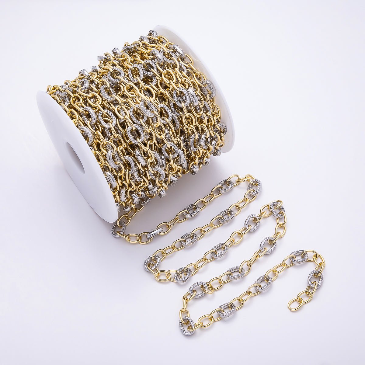 16K Gold Filled Micro Paved CZ Mixed Metal Cable Unfinished Chain by Yard | Roll-01874