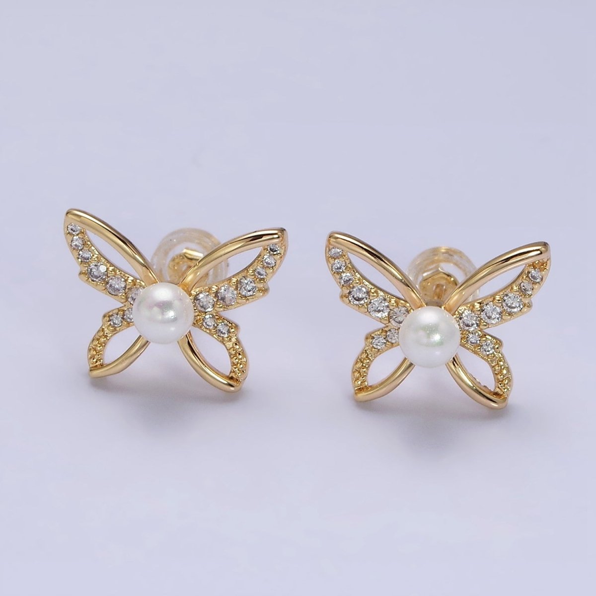 16K Gold Filled Micro Paved CZ Pearl Butterfly Mariposa Stud Earrings | AD1251 AD3495