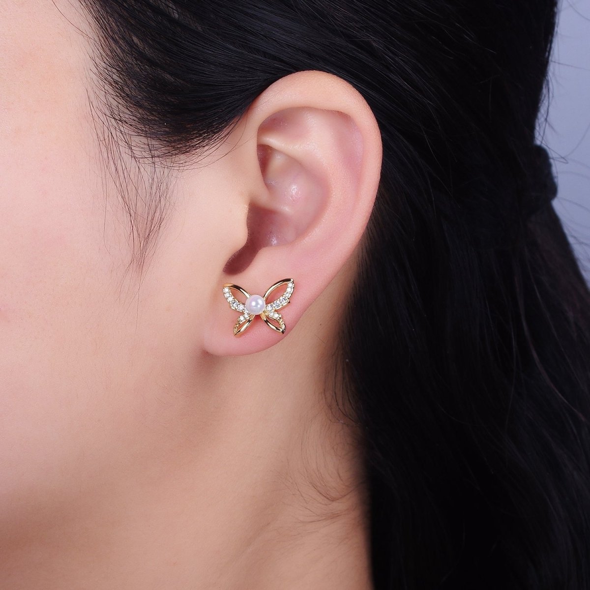 16K Gold Filled Micro Paved CZ Pearl Butterfly Mariposa Stud Earrings | AD1251 AD3495