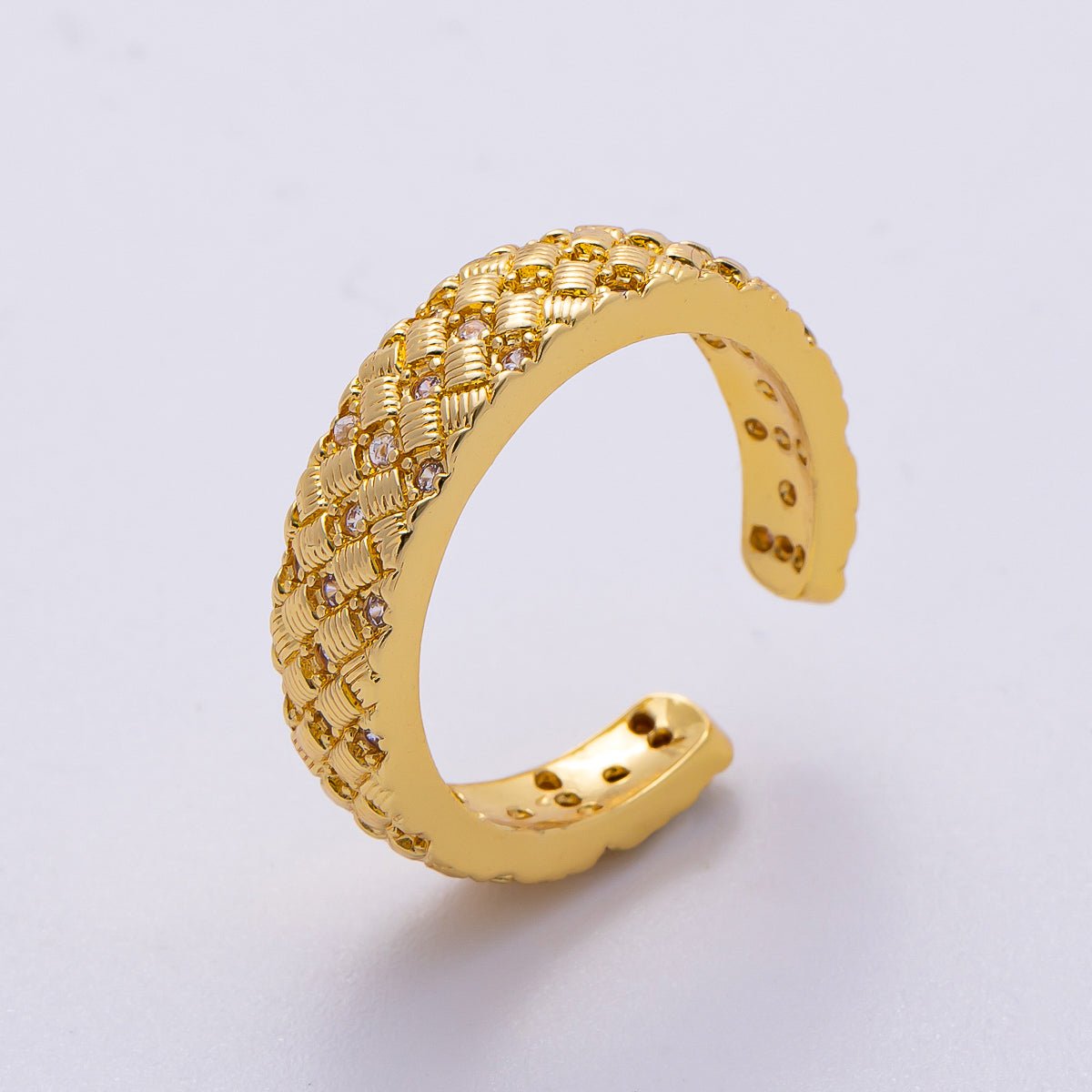 16K Gold Filled Micro Paved CZ Ribbed Line-Textured Woven Ring | Rings-00072