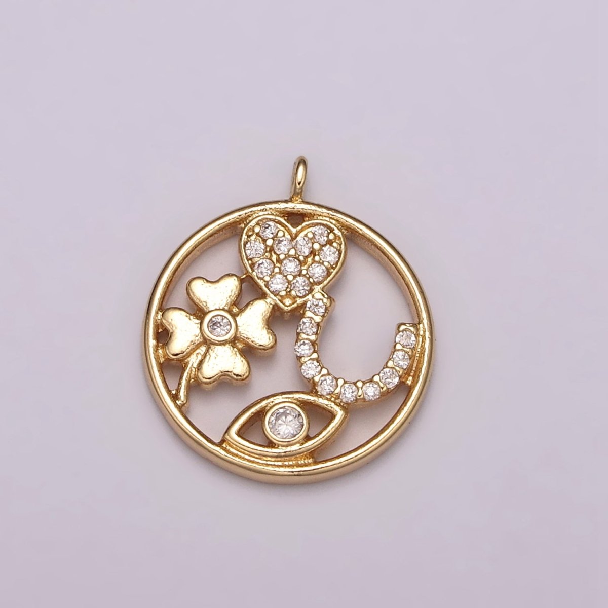 16K Gold Filled Micro Paved Micro Paved CZ Heart Horseshoe Clover Evil Eye Round Open Charm N-176