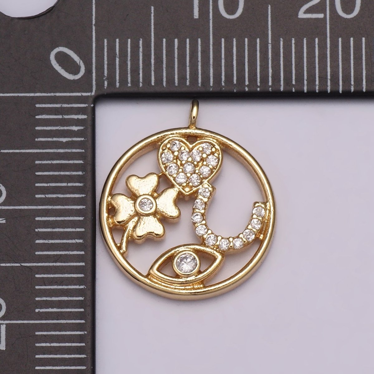 16K Gold Filled Micro Paved Micro Paved CZ Heart Horseshoe Clover Evil Eye Round Open Charm N-176