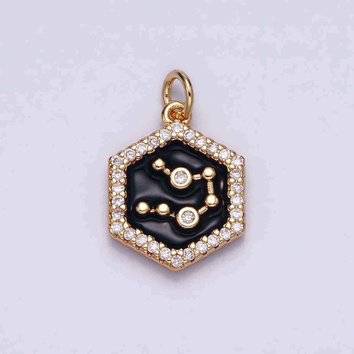 16K Gold Filled Mini Zodiac Sign Birth Star Constellation Black Enamel Hexagonal Hammered Add-On Charm | A-A1397-A-A1402