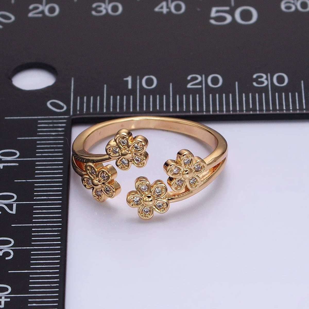 16K Gold Filled Multiple Daisy Flower Clear CZ Open Adjustable Ring | O-1781 O-1782