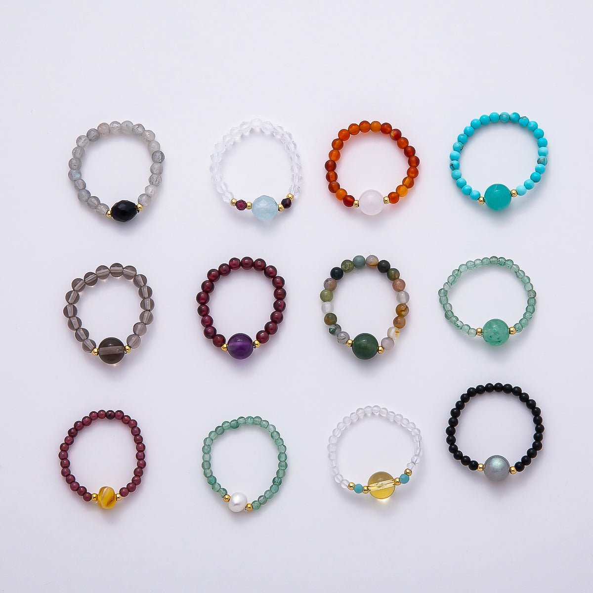 16K Gold Filled Natural Gemstone Round Beaded Elastic Stretch Ring | Rings-00096 ~ Rings-00107
