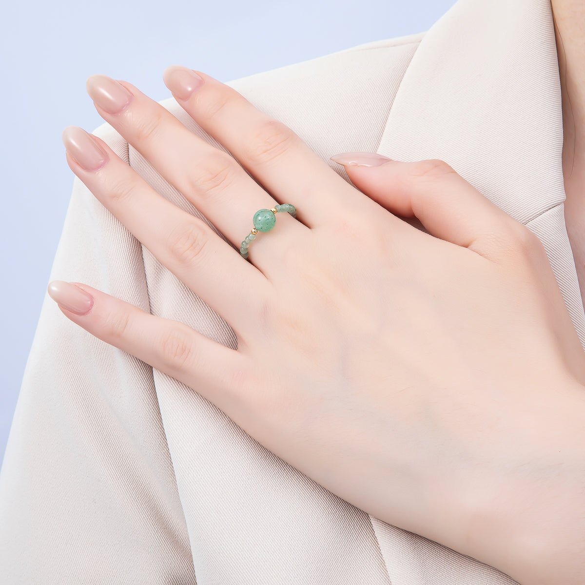 16K Gold Filled Natural Gemstone Round Beaded Elastic Stretch Ring | Rings-00096 ~ Rings-00107
