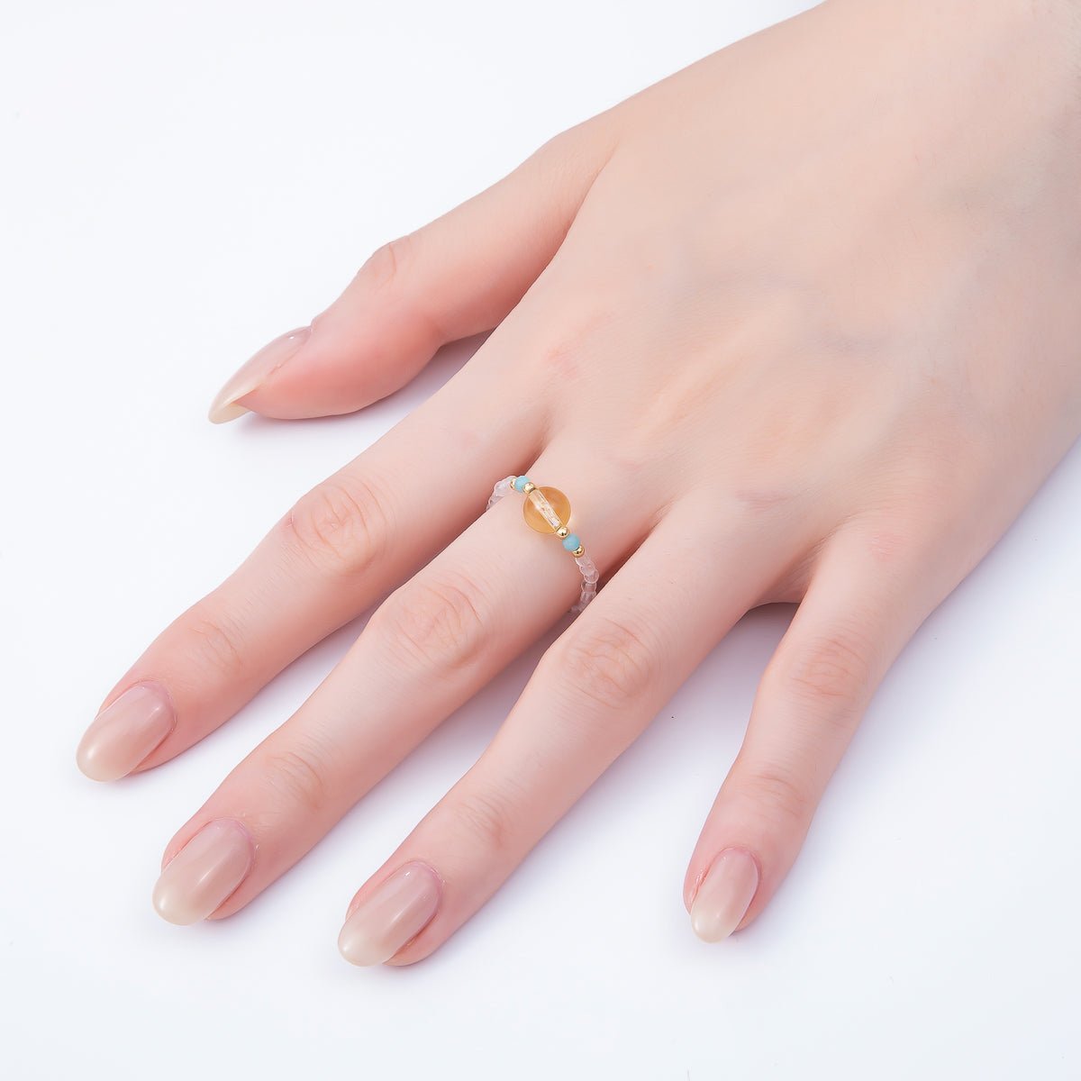 16K Gold Filled Natural Gemstone Round Beaded Elastic Stretch Ring | Rings-00096 ~ Rings-00107