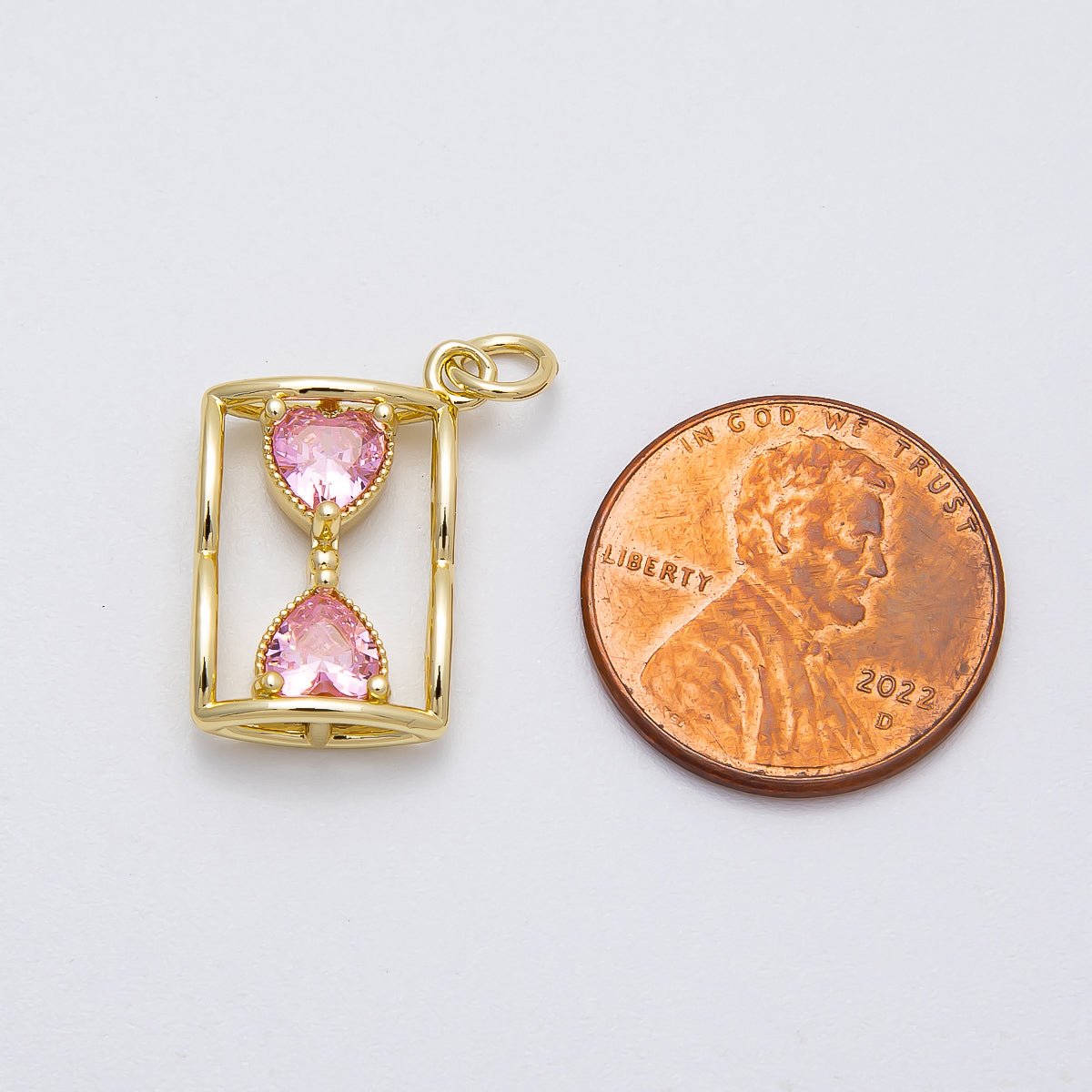 16K Gold Filled Pink Heart CZ Hourglass Open Charm | Charms-00451