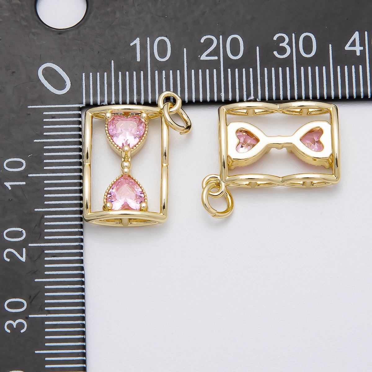 16K Gold Filled Pink Heart CZ Hourglass Open Charm | Charms-00451