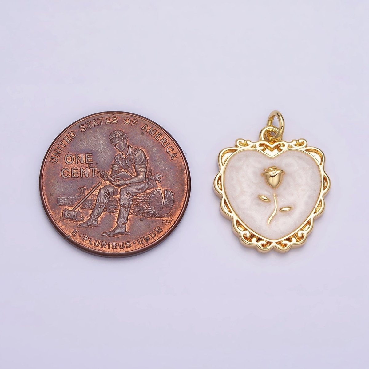 16K Gold Filled Rose Flower White, Pink, Blue Sparkly Enamel Heart Charm | AC1099 - AC1104