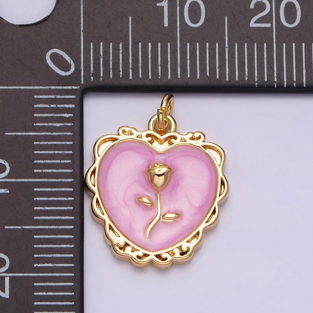 16K Gold Filled Rose Flower White, Pink, Blue Sparkly Enamel Heart Charm | AC1099 - AC1104