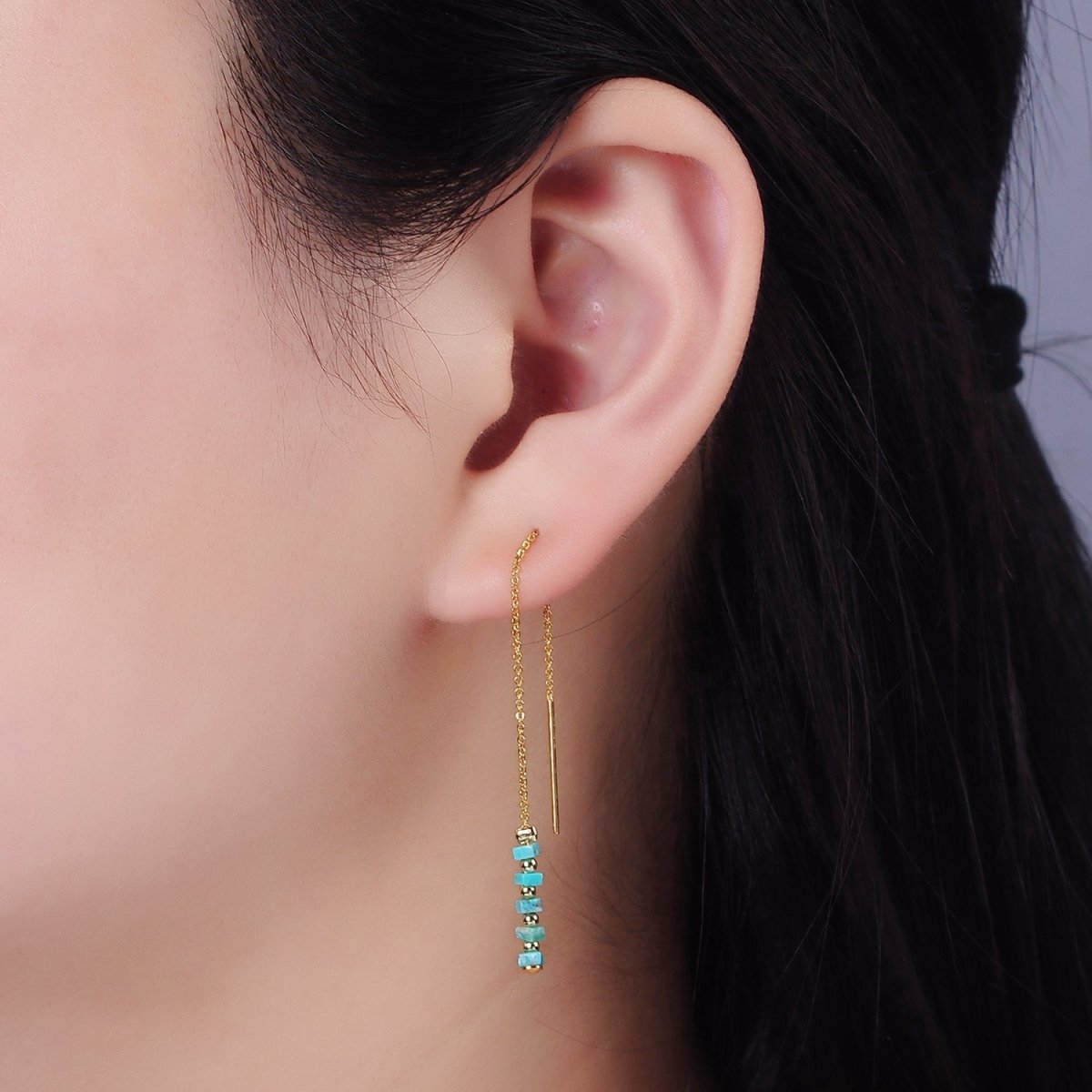16K Gold Filled Turquoise Gemstone Cable Chain Threader Earrings | P017