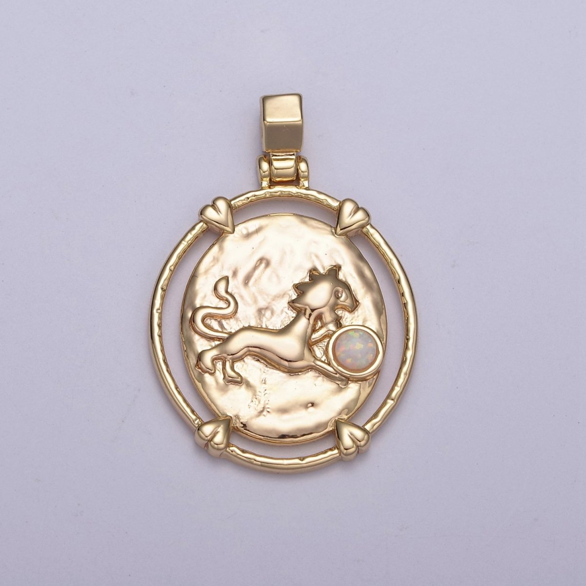16K Gold Filled White Opal Zodiac Horoscope Heart Edge Oval Medallion Pendant | A-A1869-A-A1874
