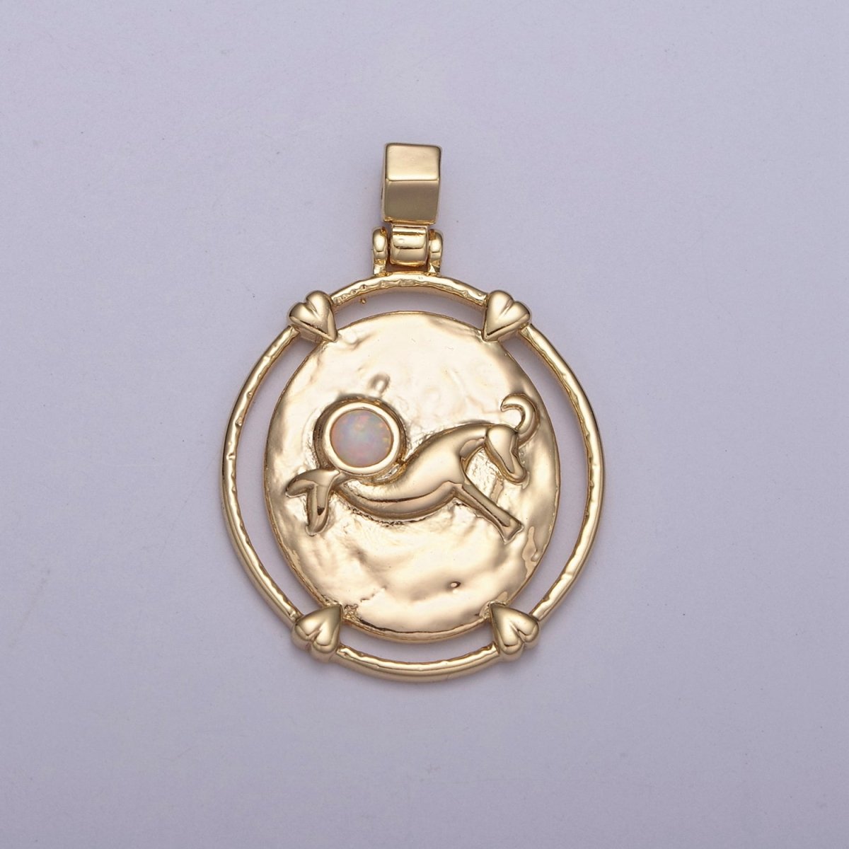 16K Gold Filled White Opal Zodiac Horoscope Heart Edge Oval Medallion Pendant | A-A1869-A-A1874