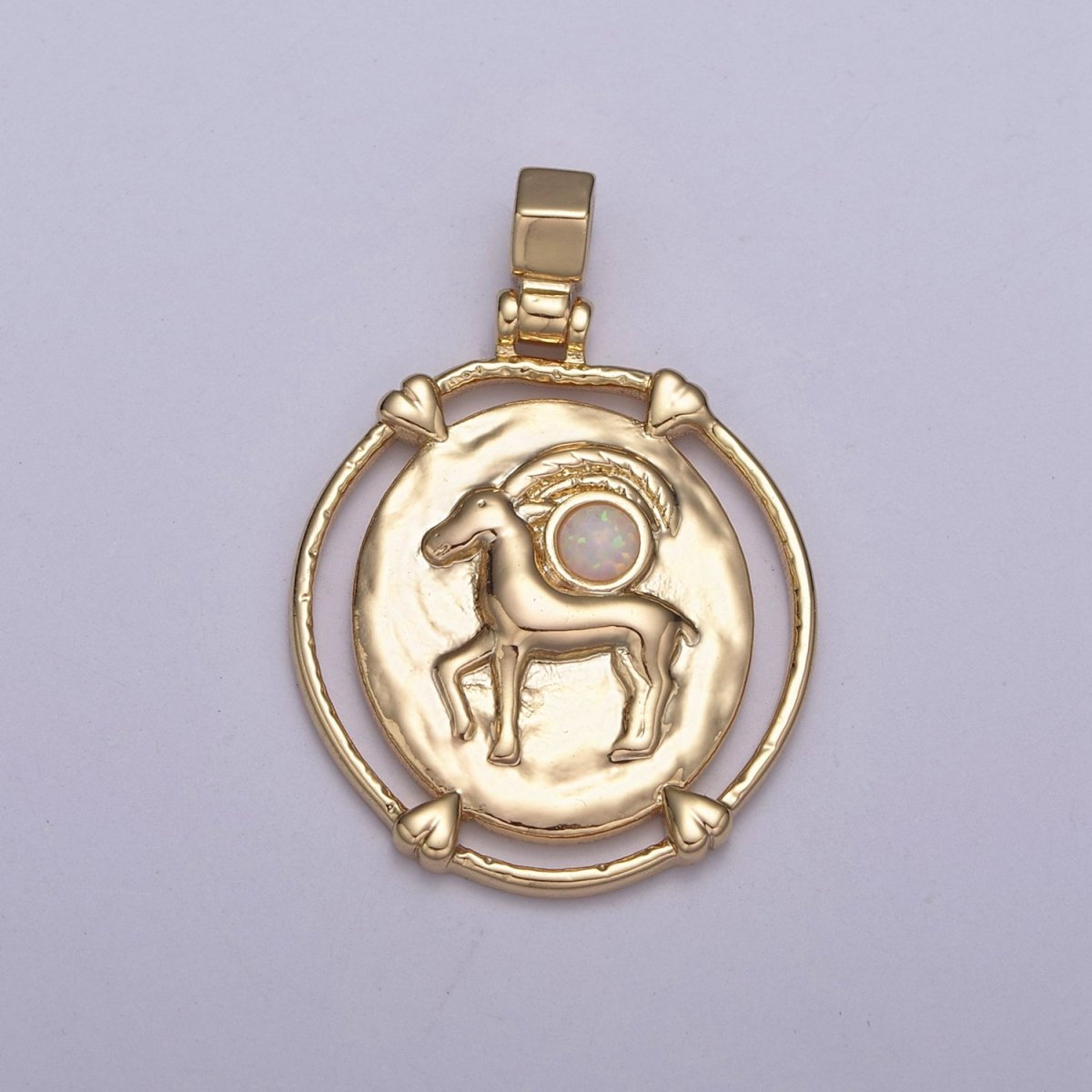16K Gold Filled White Opal Zodiac Horoscope Heart Edge Oval Medallion Pendant | A-A1869-A-A1874