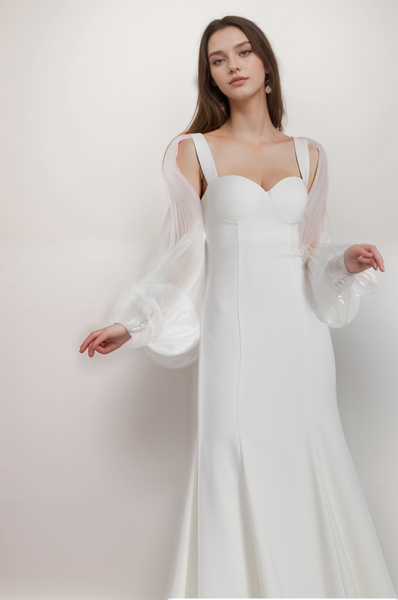 Ethereal Sculpted Bust Mermaid Gown with Sheer Balloon Sleeves