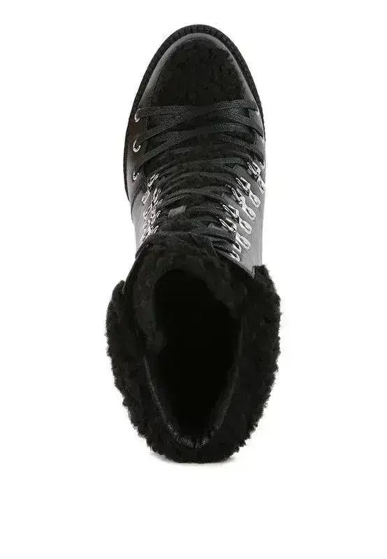 Faux Leather Fur Collar Ankle Boots - Chunky Heel | Femstylo