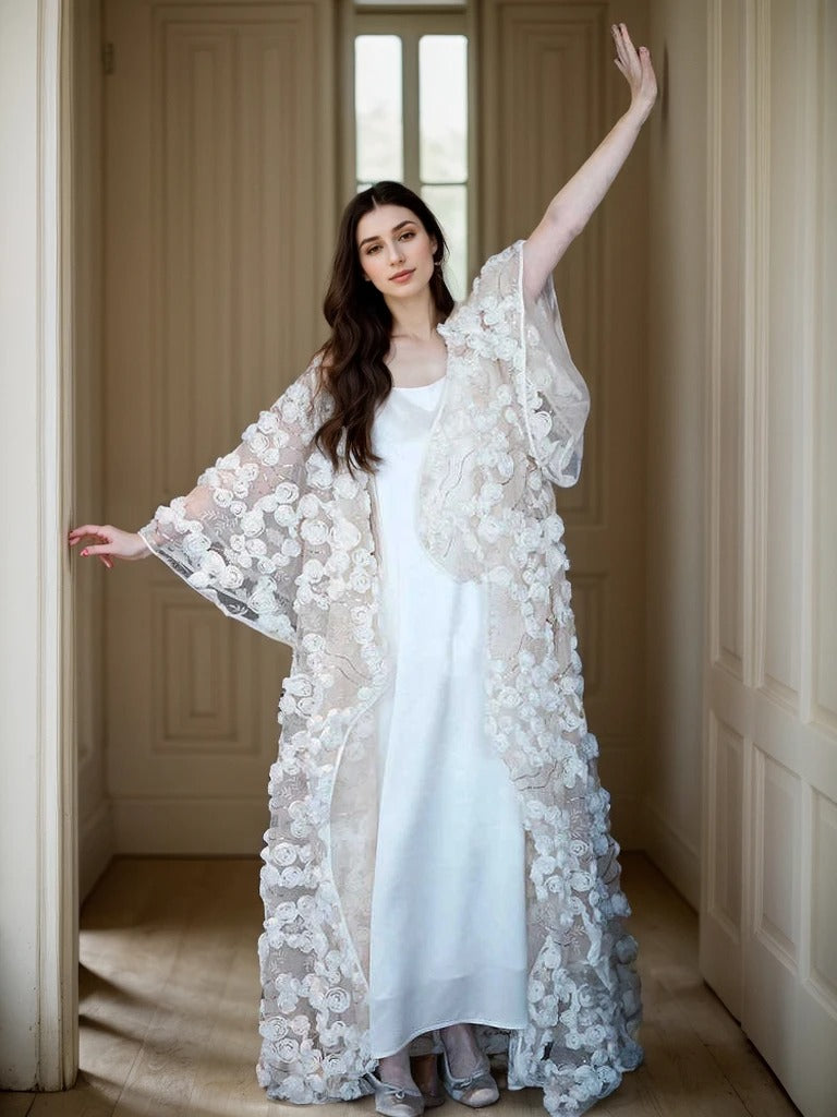 Ethereal 3D Floral Lace Bridal Robe – Elegant Sheer Wedding Cover-Up