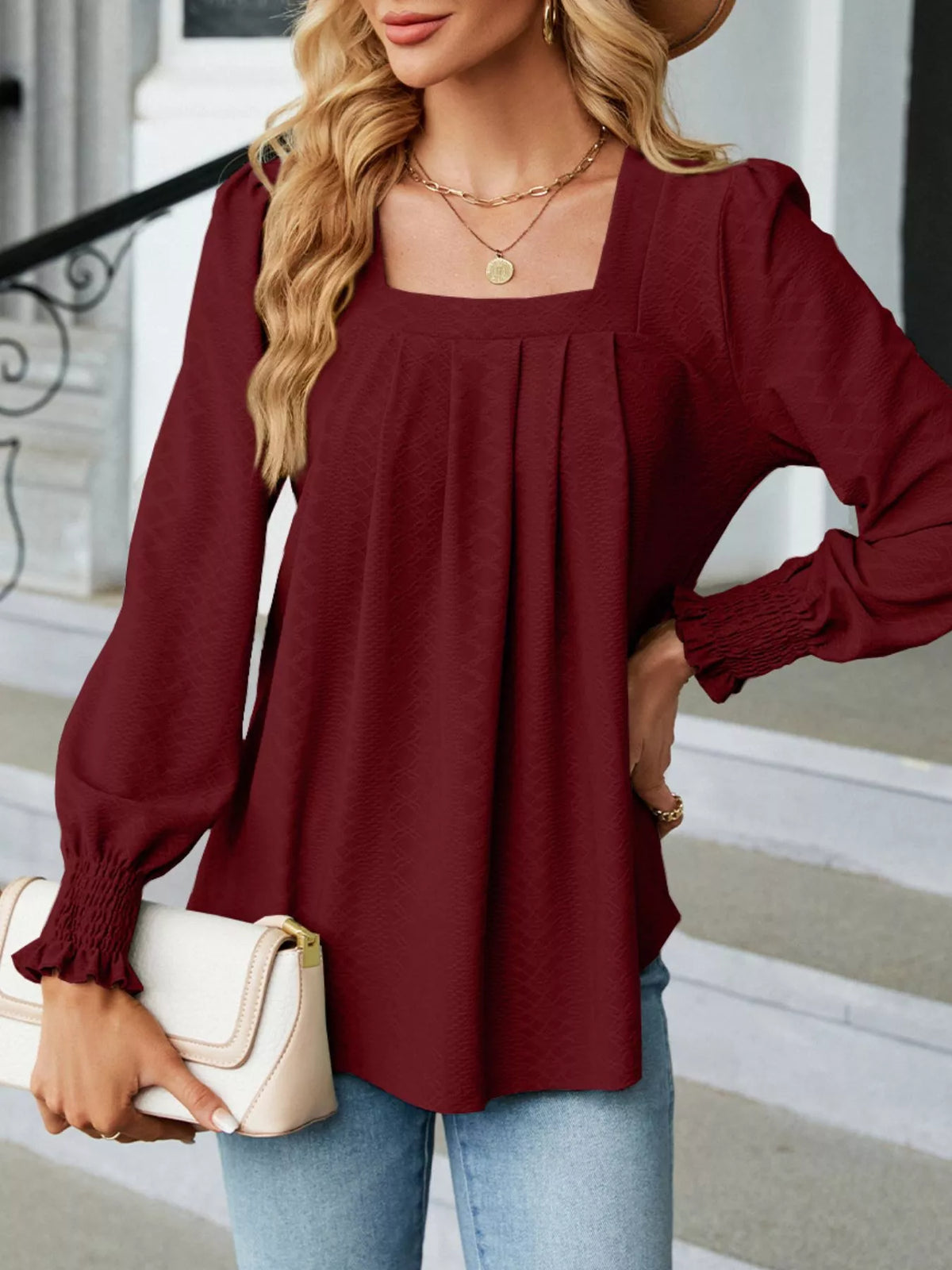 Pleated Square Neck Long Sleeve Top