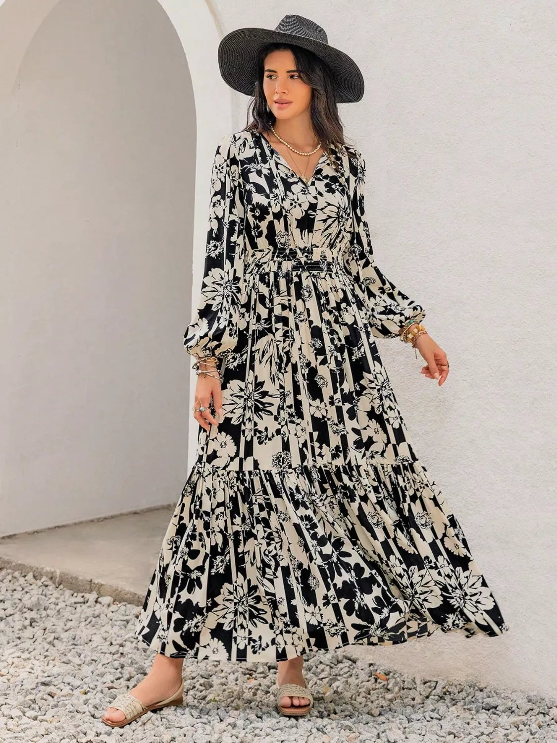 Plus Size Floral Print Balloon Sleeve Maxi Dress
