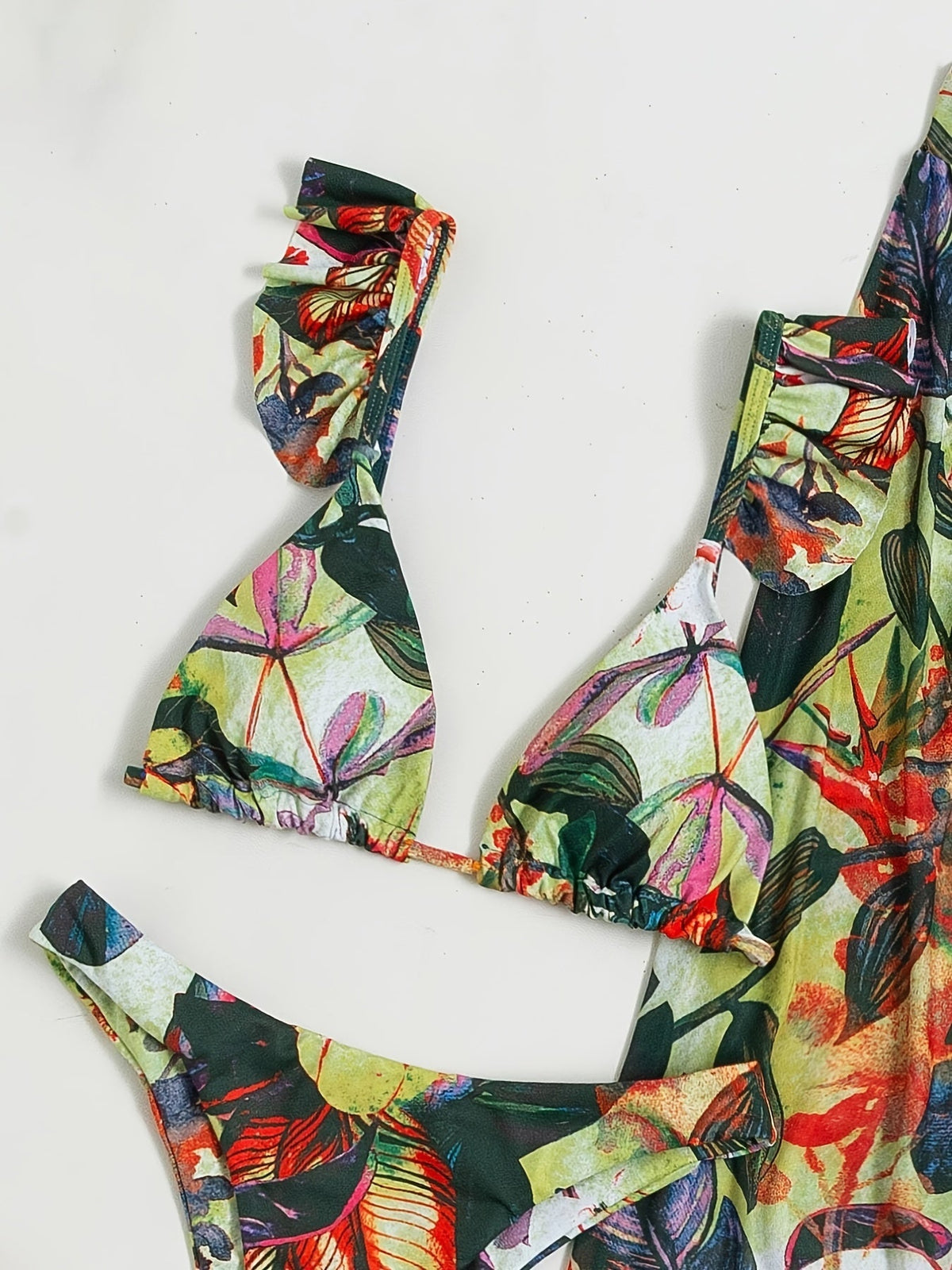 Bloom Breeze 3-Piece Bikini Set – Elegant High Cut Floral Fluttering Swimsuit with Lettuce Trim Tie Back Bandeau and Coordinating Cover Up Skirt – Women&