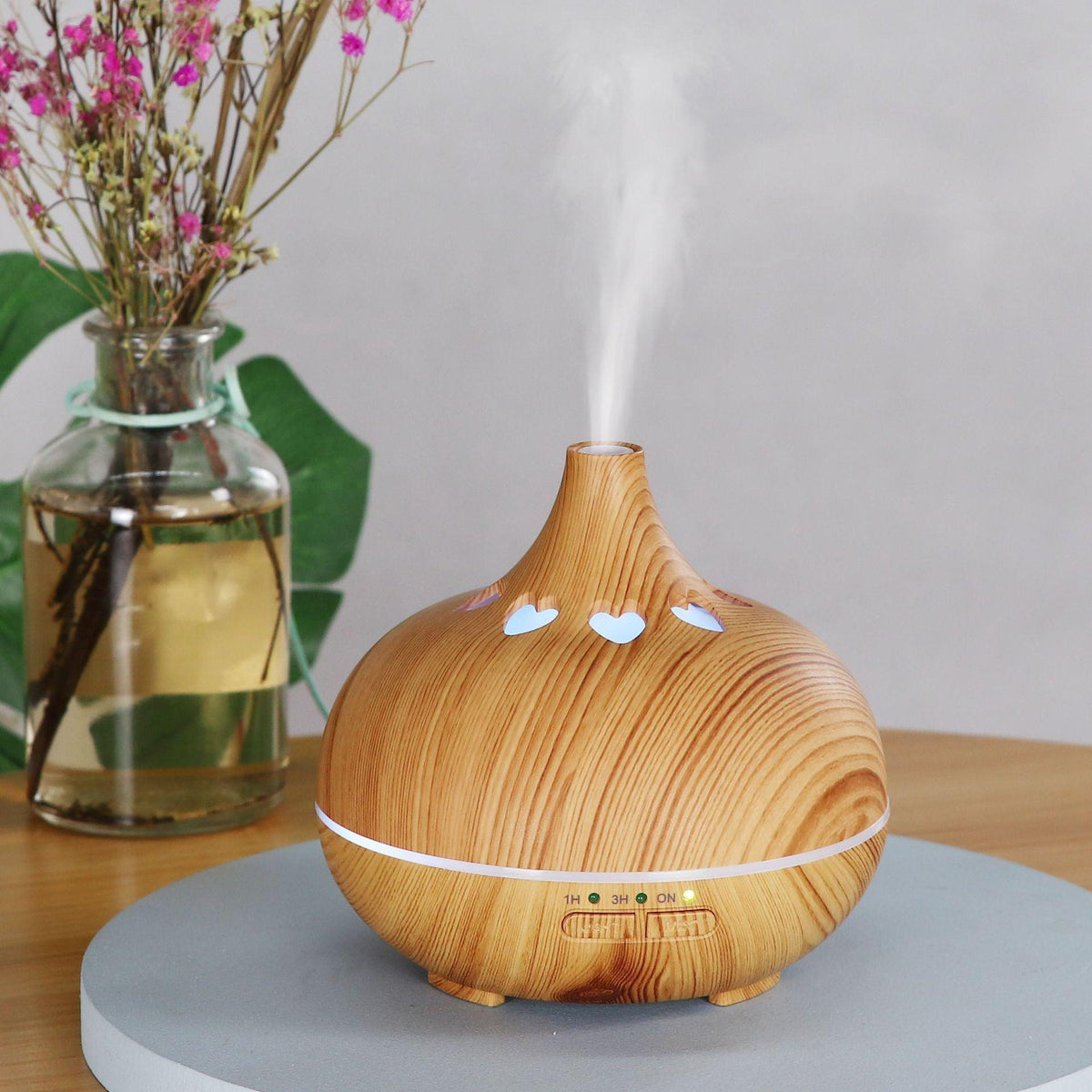 Modern Heart Shapes Aromatherapy Diffuser 550ml With Remote Control Cool Mist Humidifier Ultrasonic Aroma Essential Oil Diffuser for Office Home Bedroom Living Room Study Yoga Spa - Wood Grain, 7 Colors LED Light
