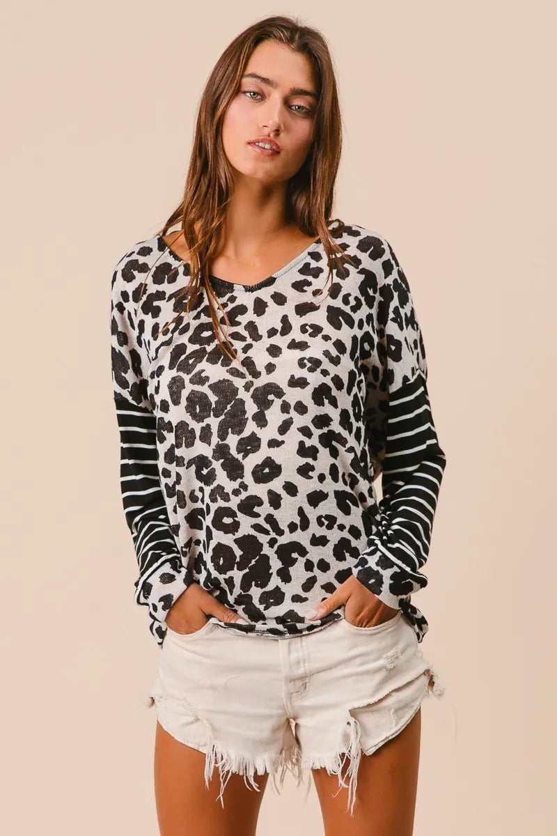 BiBi Leopard Hacci Knit Twist Back Top With Stripe Sleeve