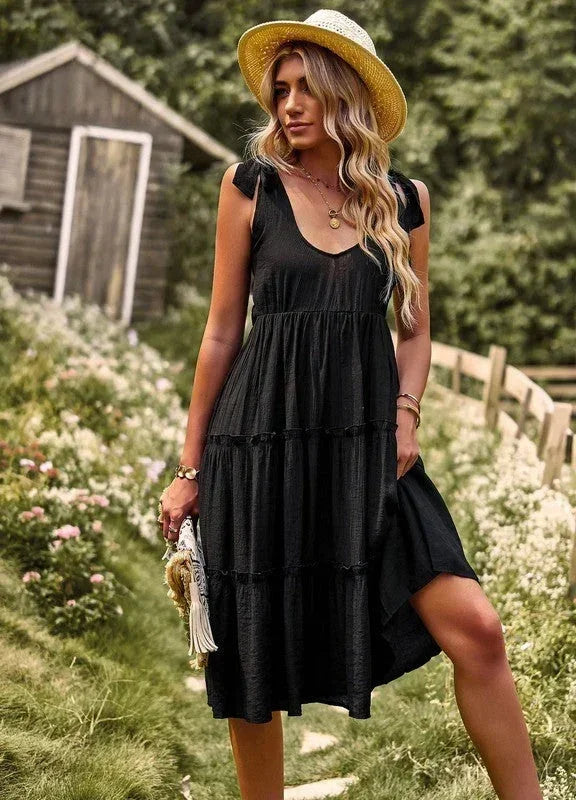 Tiered V neck dress with ties